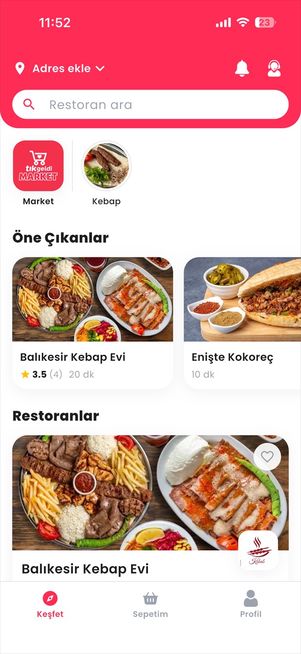 TıkGeldi uygulamasının ana ekranı: restoran listesi ve kategoriler